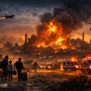 Evacuation at dusk after airstrikes