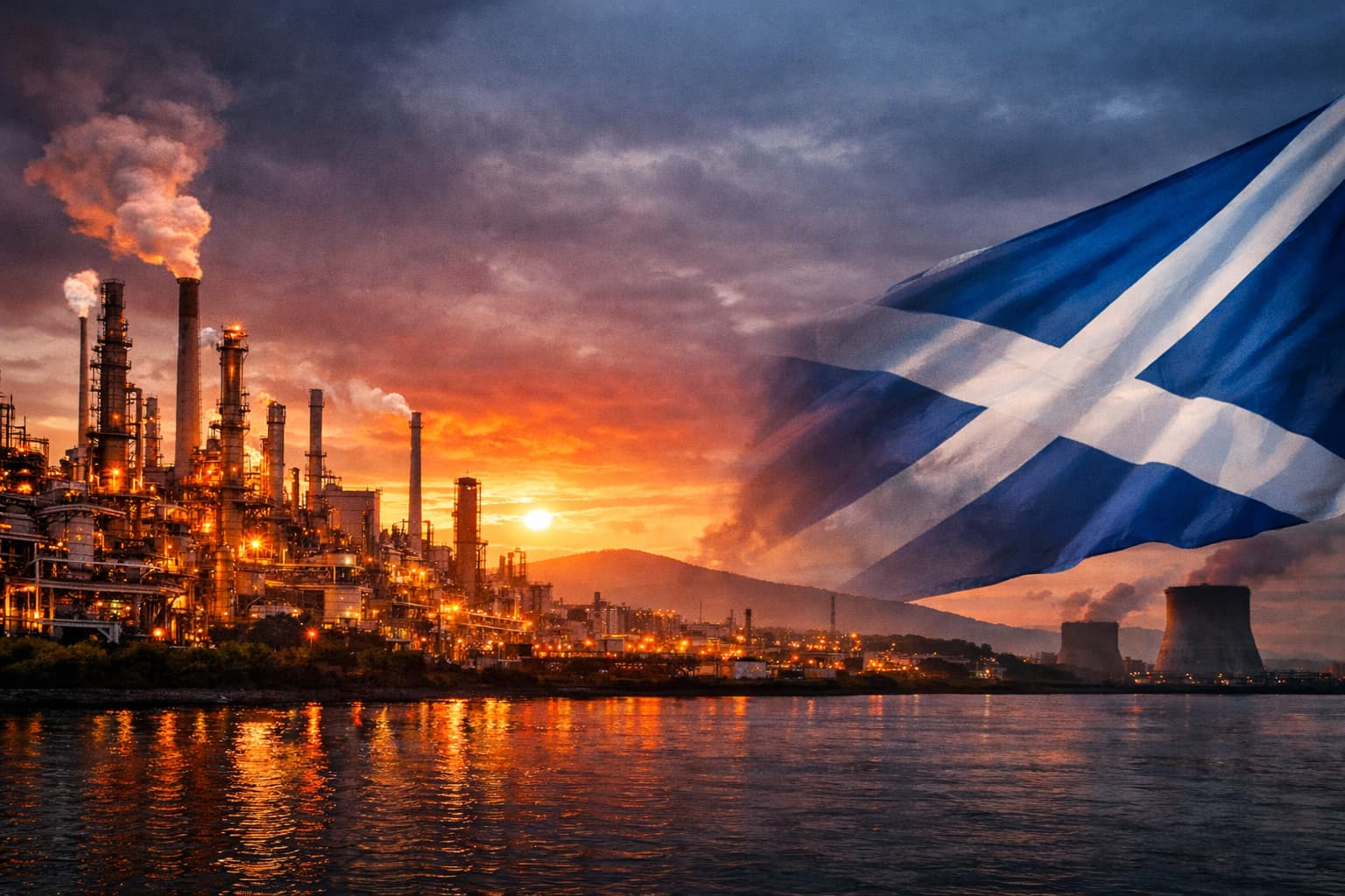 Industrial refinery at sunset in Scotland