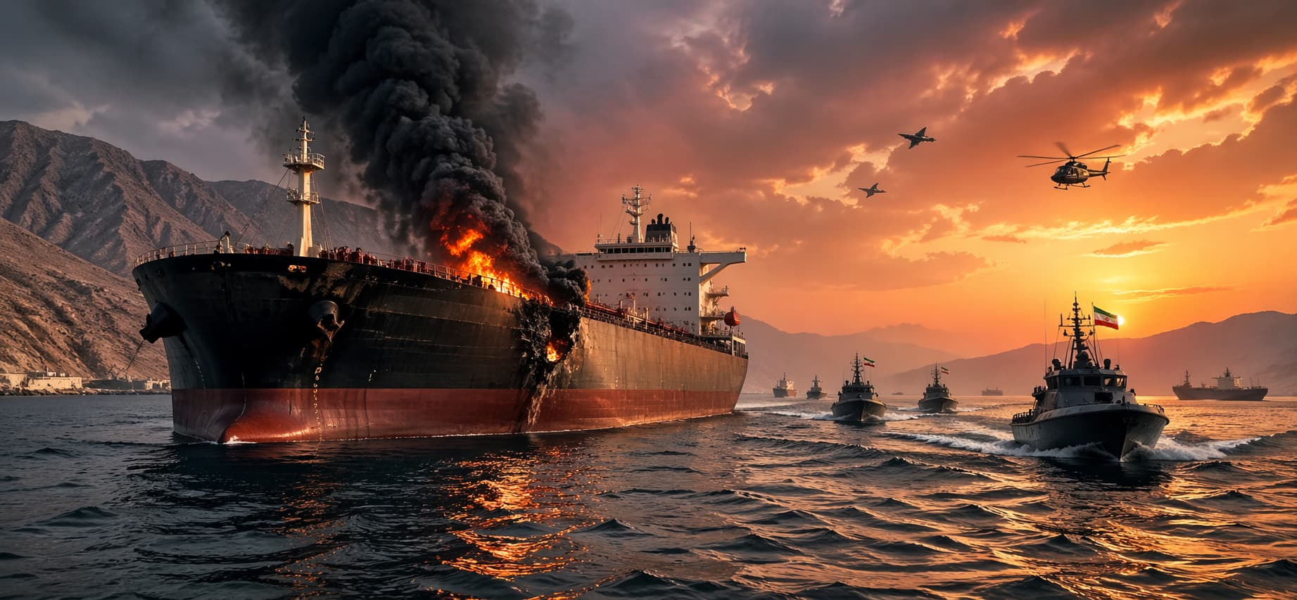 Burning tanker near military patrol boats
