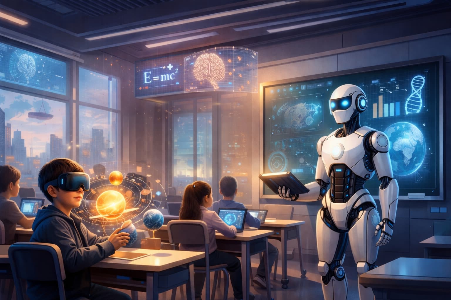 Futuristic classroom with AI and holograms