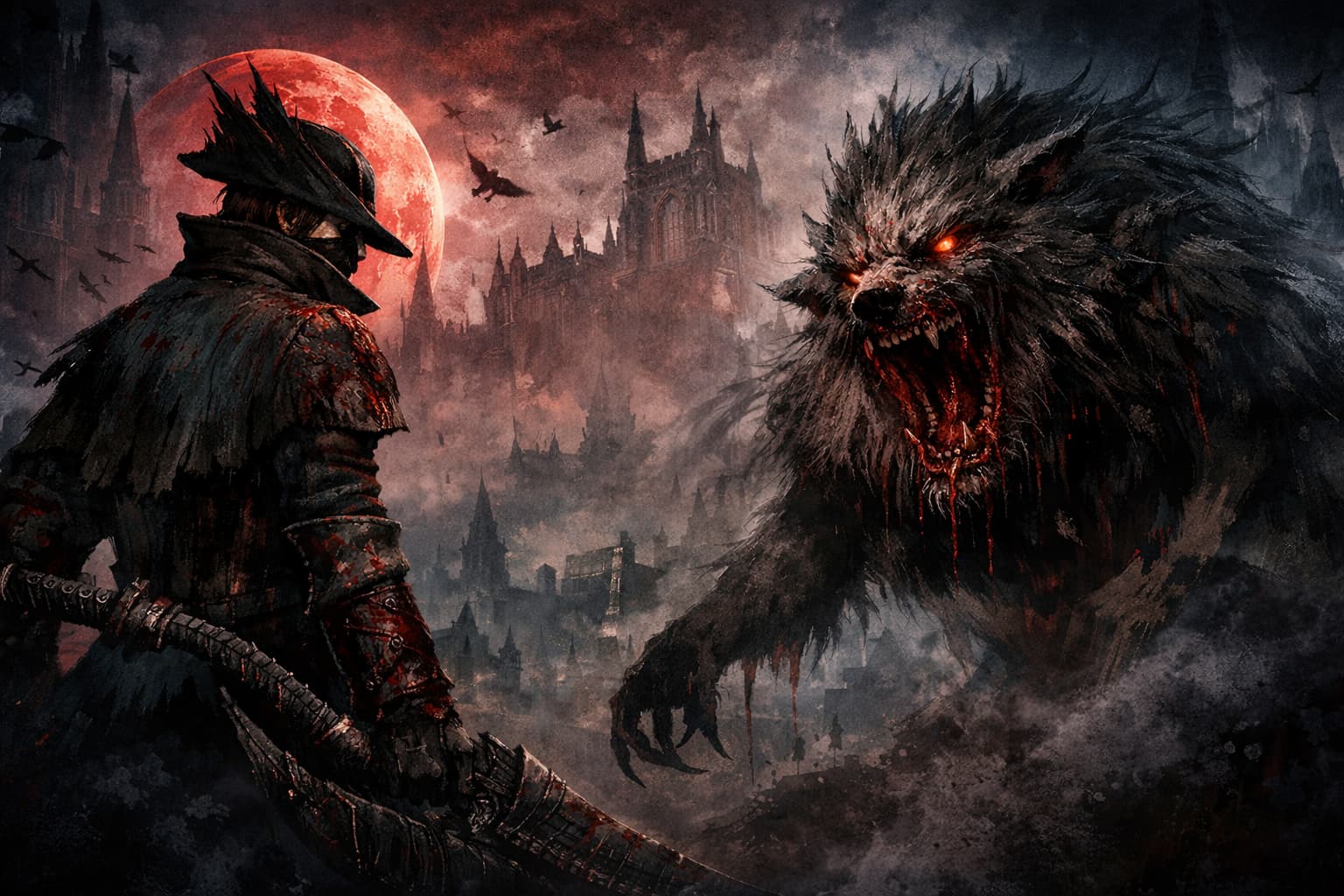 Hunter vs. werewolf under crimson moon